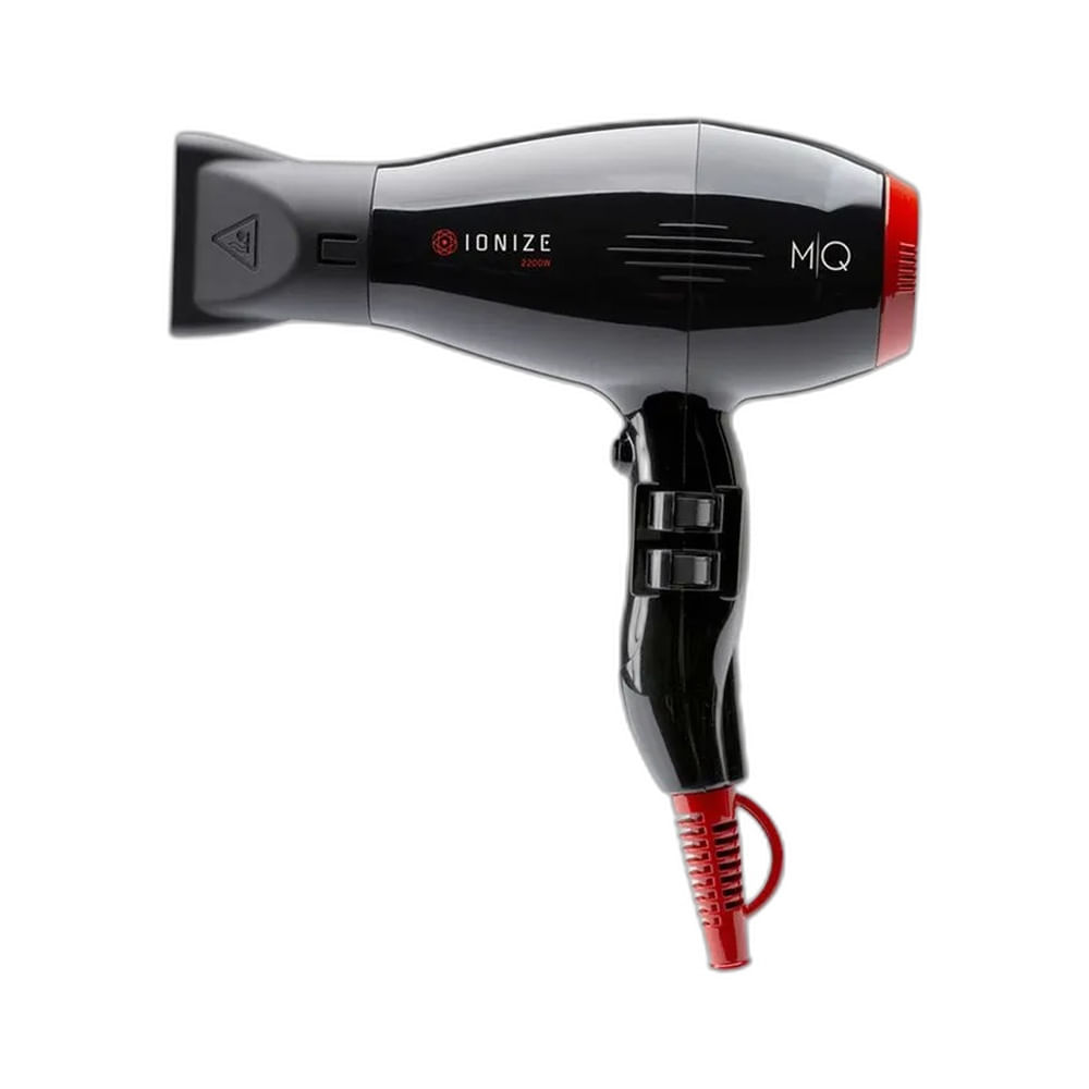 Secador MQ Ionize 2200w 220v preto com detalhes vermelhos, design moderno e botão de controle no cabo